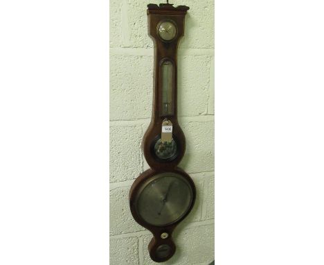 C19th flame mahogany wheel barometer, boxwood stringing, with dry damp indicator, thermometer box, mirror and silvered engrav