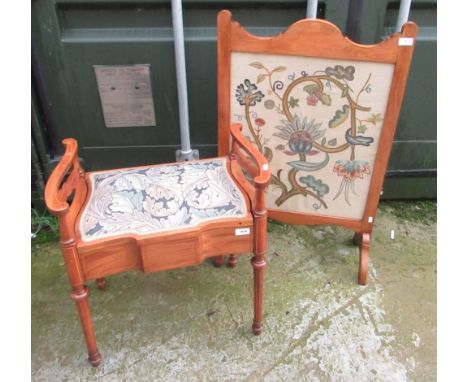 Edwardian inlaid mahogany piano stool, lift up seat on turned and tapering legs, early C20th mahogany fire screen with inset 