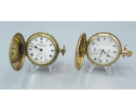 Kay's Keyless 'Triumph' early C20th rolled gold keyless hunter cased pocket watch, with signed white enamel dial, case serial