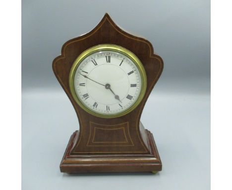 Edwardian inlaid mahogany balloon time piece, with brass bezel and white enamel dial, on bun feet, H23cm (currently working) 