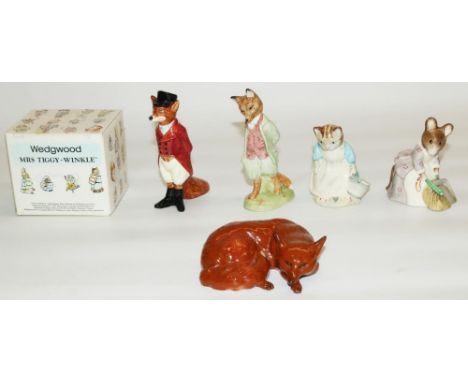 Three Royal Albert Beatrix Potter figures, Royal Doulton huntsman fox, boxed Wedgwood Mrs Tiggy-Winkle mug, Beswick model of 