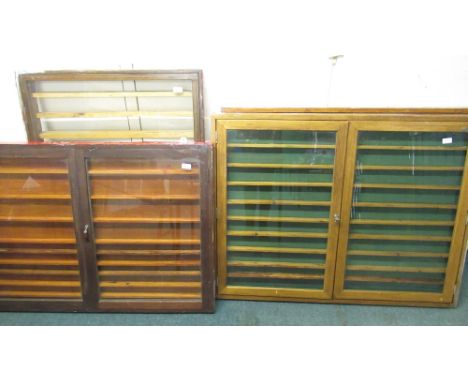 4 large wood and glass wall hanging display cabinets suitable for model trains, figures, vehicles etc. 3 landscape and 1 port