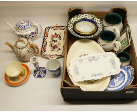 Spode Blue Colonel pattern teapot, Spode Girl at Well pattern beaker, Moorland Pottery Dean Sherwin crocus design cup and sau