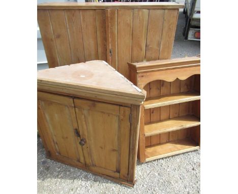 Vintage pine furniture - two door cupboard, two door corner cupboard and a three tier wall shelf, W100cm D36cm H110cm max (3)