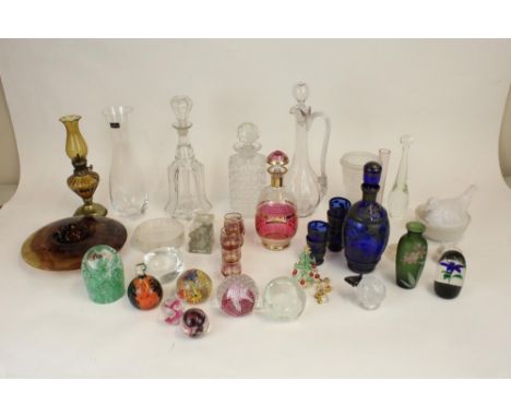 Large selection of glassware incl. C19th decanters, Derbyshire pressed glass vase, Caithness paperweights, Strathearn lampwor