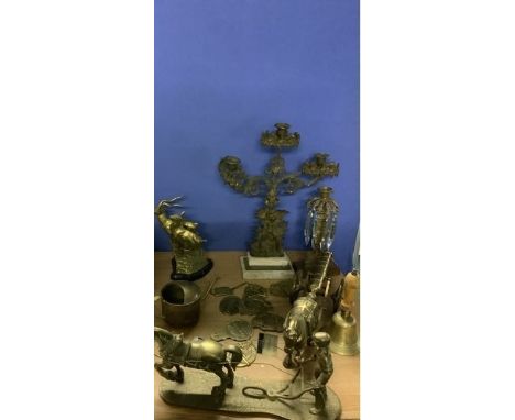 Various brassware including bell, candelabra, watering can and figures (18) CROP bedpan out 