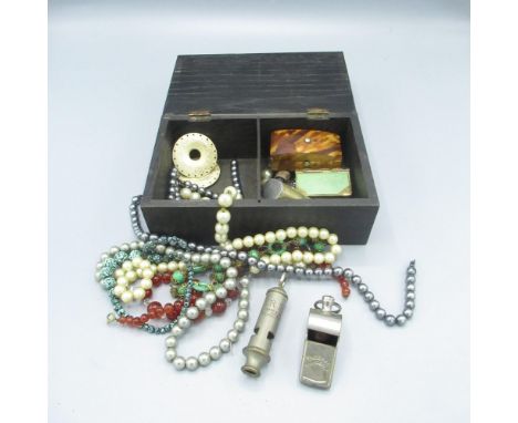 Wood trinket box cont. 6 beaded necklaces and 1 other, ARP whistle, match box case styled as a book, Acme Thunderer whistle, 