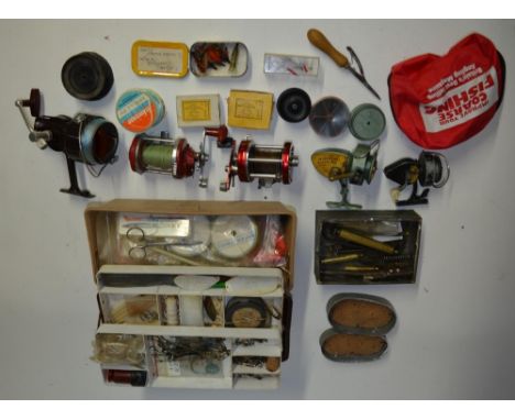 A collection of mostly sea fishing equipment including 2 multipliers (Abu Ambassadeur 7000 and a K.P.Merritt Intrepid Sea Str