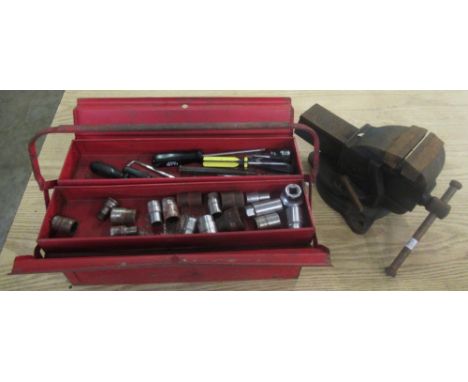 Red cantilever toolbox containing selection of old tools including wrenches, spanners etc. and a record No.3 bench vice 