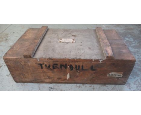 C20th pine travel trunk, with metal carry handles, Wanted on Voyage and Southern Railway labels, W77cm D46cm H24cm 
