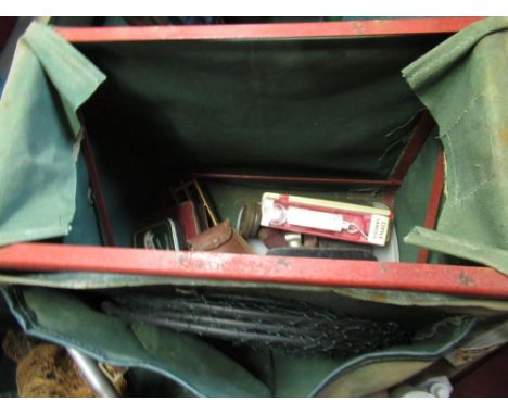 Fishing box/seat containing three handmade hand lines, tin of flies, spinners, floats, keepnets, scales, green leather fishin