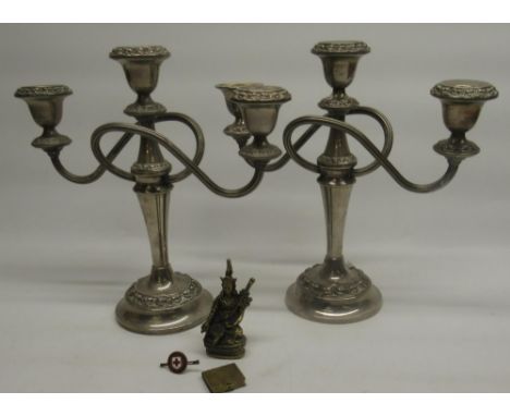 Pair of Ianth EPNS neo-classical design three branch candelabra, with reeded scroll arms H26cm, small selection of decorative
