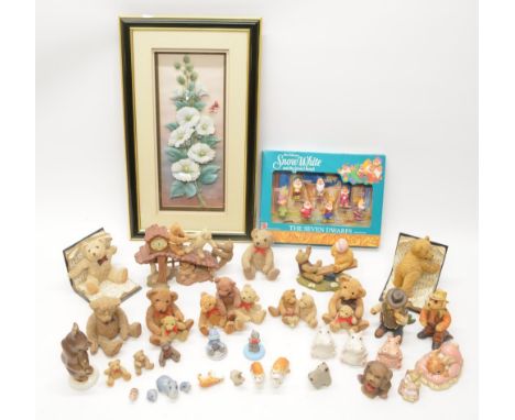 Collection of Beau Bears and various other ceramic animals and bears, a boxed Seven Dwarfs set by Mattel and a 3D picture of 