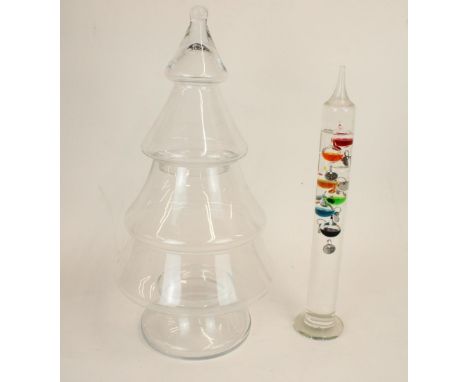 Large stepped glass sweet jar in Christmas tree shape, H52cm, and a Galileo thermometer 