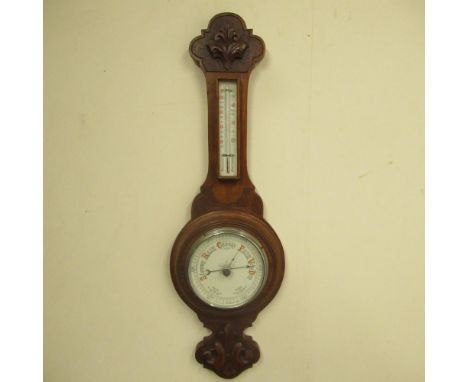 Early C20th carved oak cased wheel barometer, and thermometer, H73cm, late C19th Ansoia Regulator, drop dial wall clock, H53c