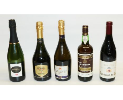 Réserve des Diacres Châteauneuf-du-Pape 2014, 2 bottles of prosecco, 1 bottle of cava, 1 bottle D’Oliveiras 3 year old Madeir