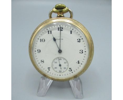 Elgin early C20th rolled gold open faced keyless wound and set pocket watch, signed enamel Arabic dial, case serial number 84