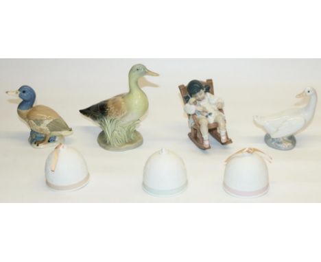 Lladro figure 5448, H12cm, three Lladro bells, and three ducks including one Nao and one M. Requena (7) 