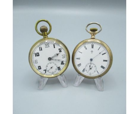 Ingersoll Trenton early C20th rolled gold open faced keyless wound and set pocket watch, monogrammed enamel Roman dial, screw