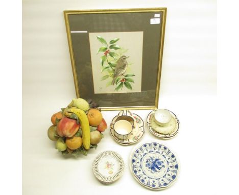 Capodimonte basket of fruit, pair of Quimper trios, decorative ceramics, watercolour by K. J. Wood of a redwing on holly bran