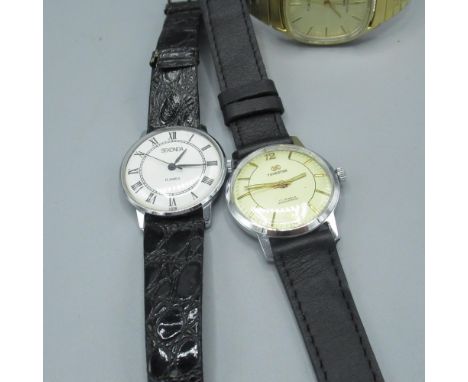Timestar stainless steel cased hand wound wristwatch, with signed champagne coloured dial, Sekonda stainless steel cased hand