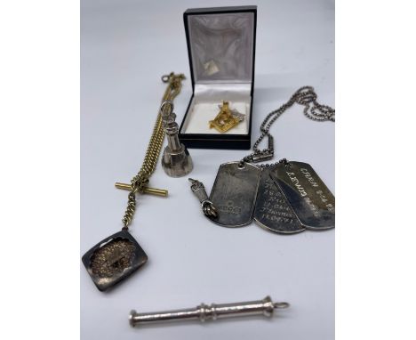 ER.II hallmarked Sterling silver masonic fob on yellow metal albert, two square and compass pendants, a masonic maul, three s