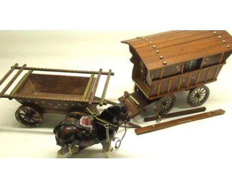 Wood model of a Gypsy caravan with horse (a/f), a wood model of a cart, 4 small wood sets of drawers for sewing items (2 boxe