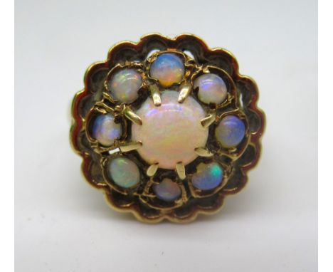 9ct yellow gold cluster ring set with opals, stamped 375, size  L1/2, and a 9ct yellow gold ring set with clear stones and fl