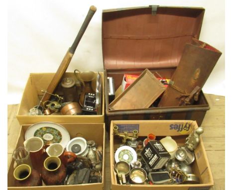 Metal trunk and three boxes containing an assortment of metalware, electronics, cricket bat, ceramics, etc. (4) 