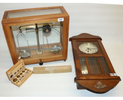 Mid 20th century Microid Chaindial model chemical balance scales complete with weights, and a 1930s cased chiming wall clock,