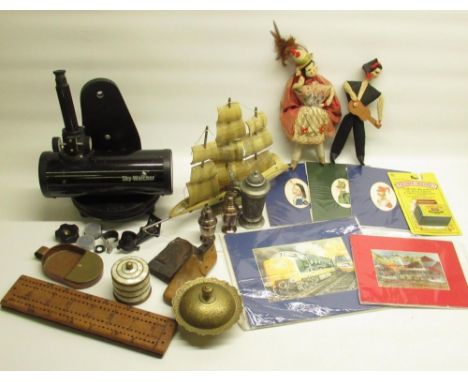 Sky-Watcher telescope, large horn ship, 3 watercolours of military men, two prints of trains, hardwood cribbage board, etc...