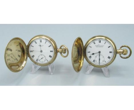 H. Samuel Manchester 'Everite' rolled gold hunter cased keyless wound and set pocket watch, signed white enamel Roman dial, c