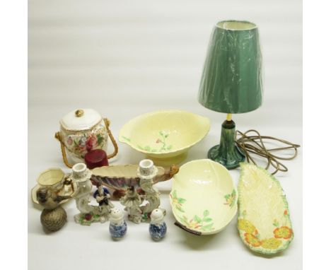 Dresden figural candlesticks with gilt and floral decoration, Poole pottery bird, Jersey pottery lamp with shade, Old Court w