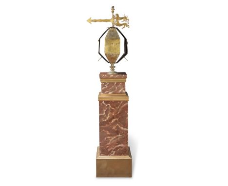 AN 18TH CENTURY-STYLE COMBINED POLYHEDRAL SUNDIAL AND WINDVANE, CONTINENTAL,the central gilded sphere surrounded by four bras