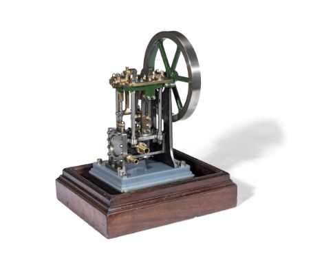 A MODEL VERTICAL OVERHEAD CRANK STATIONARY STEAM ENGINE,  20TH CENTURY,the heavily cast and machined 6-spoke flywheel fitted 