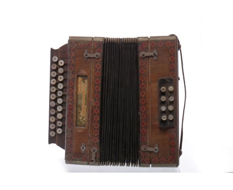 EARLY TWENTIETH CENTURY PAOLO SOPRANI ACCORDIONAncona Italy, with circular mother of pearl keys, the mahogany case with geome