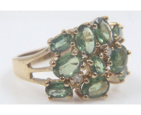 9ct gold, green sapphire and diamond set cluster ring, 5.3g, size R. UK P&amp;P Group 0 (£6+VAT for the first lot and £1+VAT 