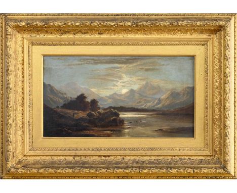 CHARLES LESLIE (BRITISH fl. 1835 - 1890), MOONLIT LANDSCAPE, HIGHLANDS oil on canvas, signedframedimage size 26cm x 46cm, ove