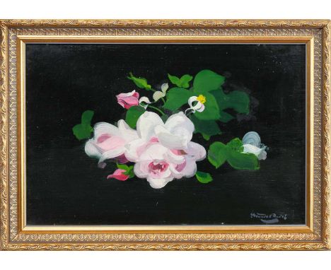 JAMES STUART PARK (SCOTTISH 1862 - 1933), PINK ROSE oil on canvas, signedframedimage size 30cm x 45cm, overall size 38cm x 53