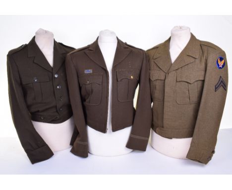 Three American “Ike” Jackets, being a WW2 dated example with USAAF patch to one arm and rank chevrons. Accompanied by a choco