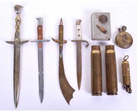 Imperial German Matchbox Cover, in aluminium with tunic button and bullet head mounted, 2x letter openers in form of bayonets