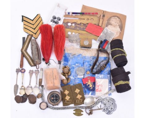 Selection of Various Items, including RAF Hong Kong embroidery, 2x red headdress hackle, 2x bras button cleaners, 1944 compas