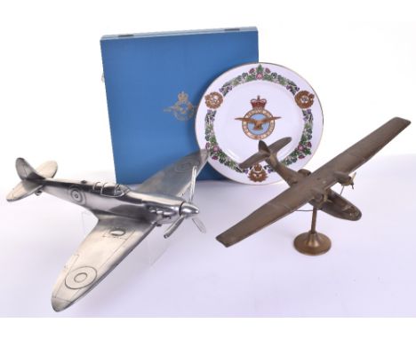 Brass Copy of RAF Desk Top Aircraft Model, Resin Pewter coated Spitfire Model (stand is broken) and a Spode Limited Edition f