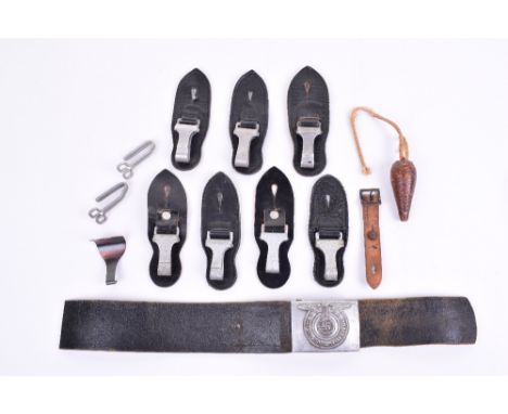 German Third Reich Waffen SS Belt Buckle, mounted onto a section of black leather belt. Accompanied by 7x German officers swo