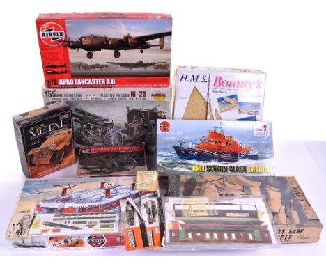 Six Model Plastic Kits, Airfix 1:72 Avro Lancaster B.II, RNLI 07280 RNLI Severn Class Lifeboat, Max 155mm Howitzer tractor Tr