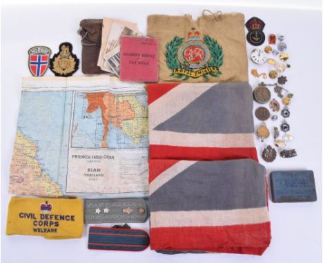 Small Quantity  of Military Ephemera, including two Union Jack Flags, French Indo China cloth map, Soldiers service and pay b