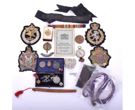 Selection of Military Badges & Insignia, including early navy cap tally for HMS ANDROMACHE, 4x bullion regimental blazer badg