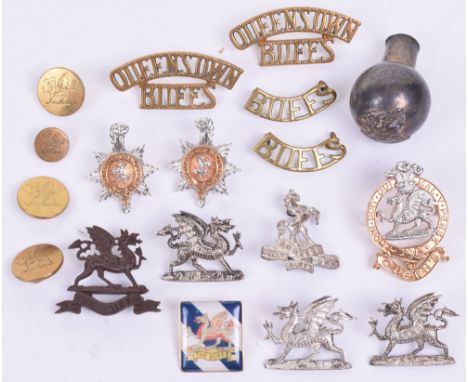 Selection of Badges of East Kent Regiment Interest, including collar badges, shoulder titles, cap badge, Swagger stick top et