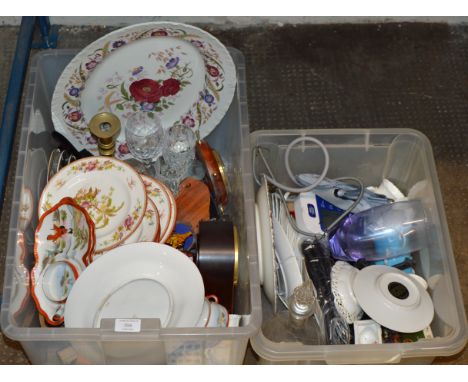2 BOXES CONTAINING MIXED CERAMICS &amp; GLASS WARE, WEDGWOOD DISHES, CANDLE STICKS, STEM GLASSES, ORIENTAL TEA WARE, LARGE PL