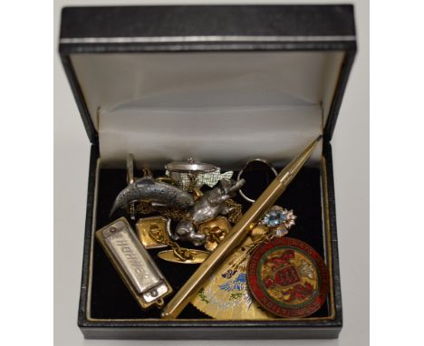 BOX WITH MINIATURE HOHNER HARMONICA, SILVER VIKING BOAT MOTIF RING, CHINESE FOLDING FAN PENDANT, ENAMEL BRITISH RAILWAYS BADG